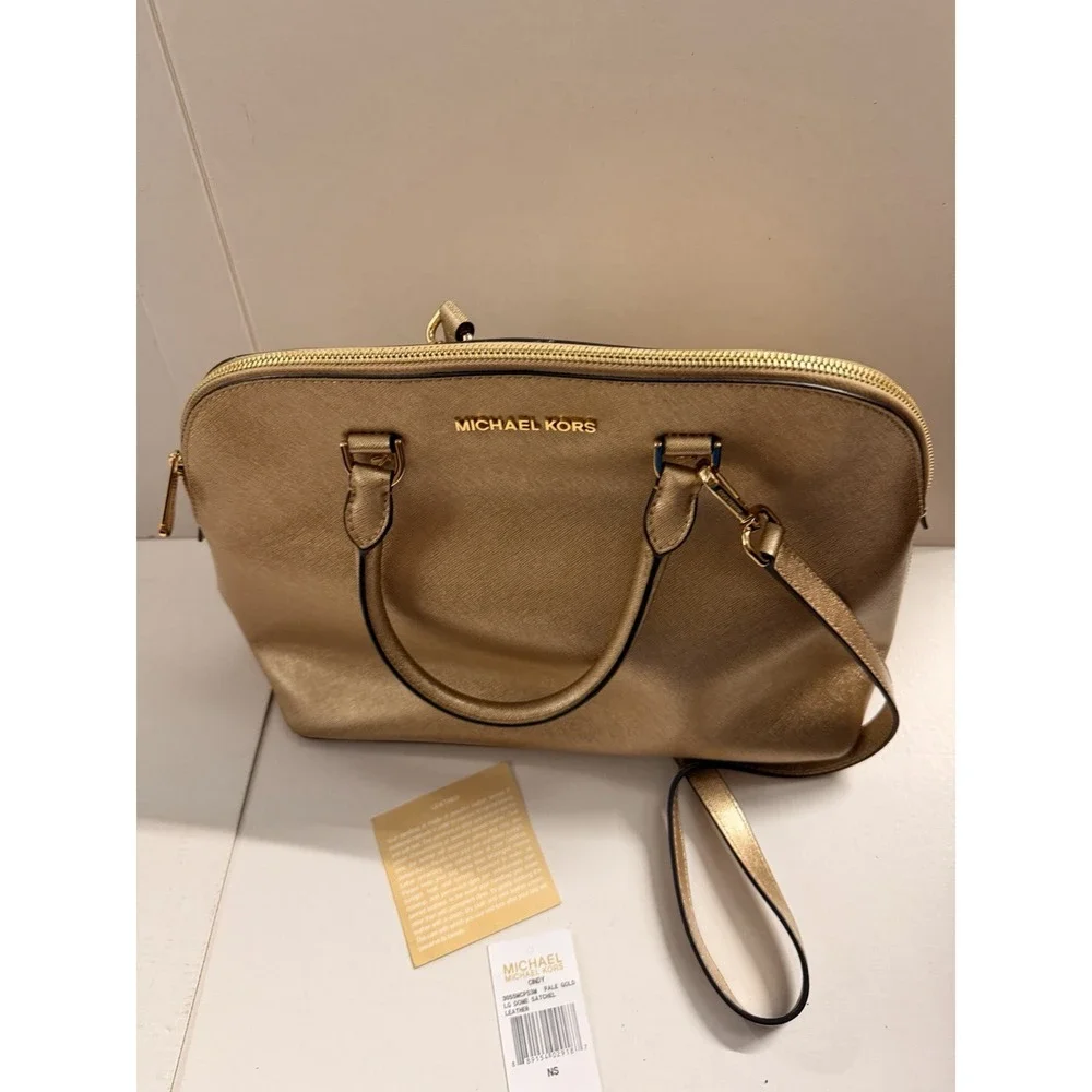 Michael Kors Cindy Large Dome Satchel Pale Gold Saffiano Leather Crossbody NWT